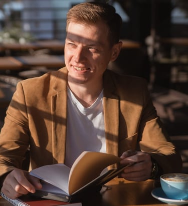 a sugar daddy in a suit jacket and a coffee cup
